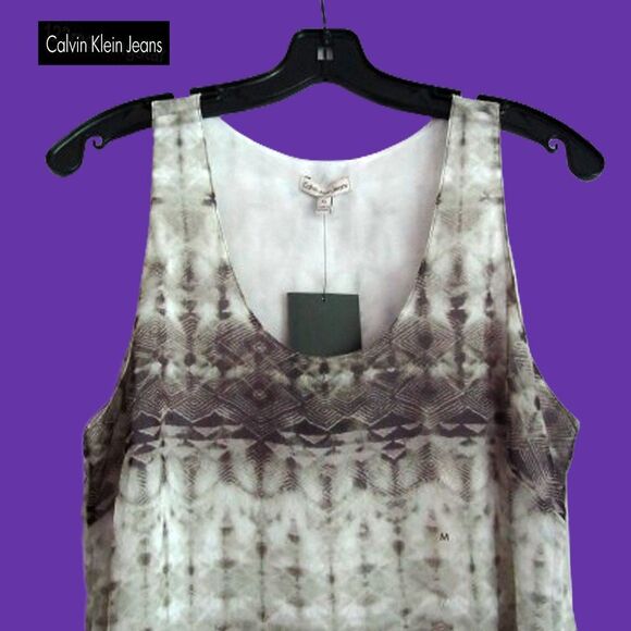 Calvin Klein Jeans NEW Bohemian Abstract Khaki Chiffon Scoop Lined Tank Top M - Picture 2 of 10